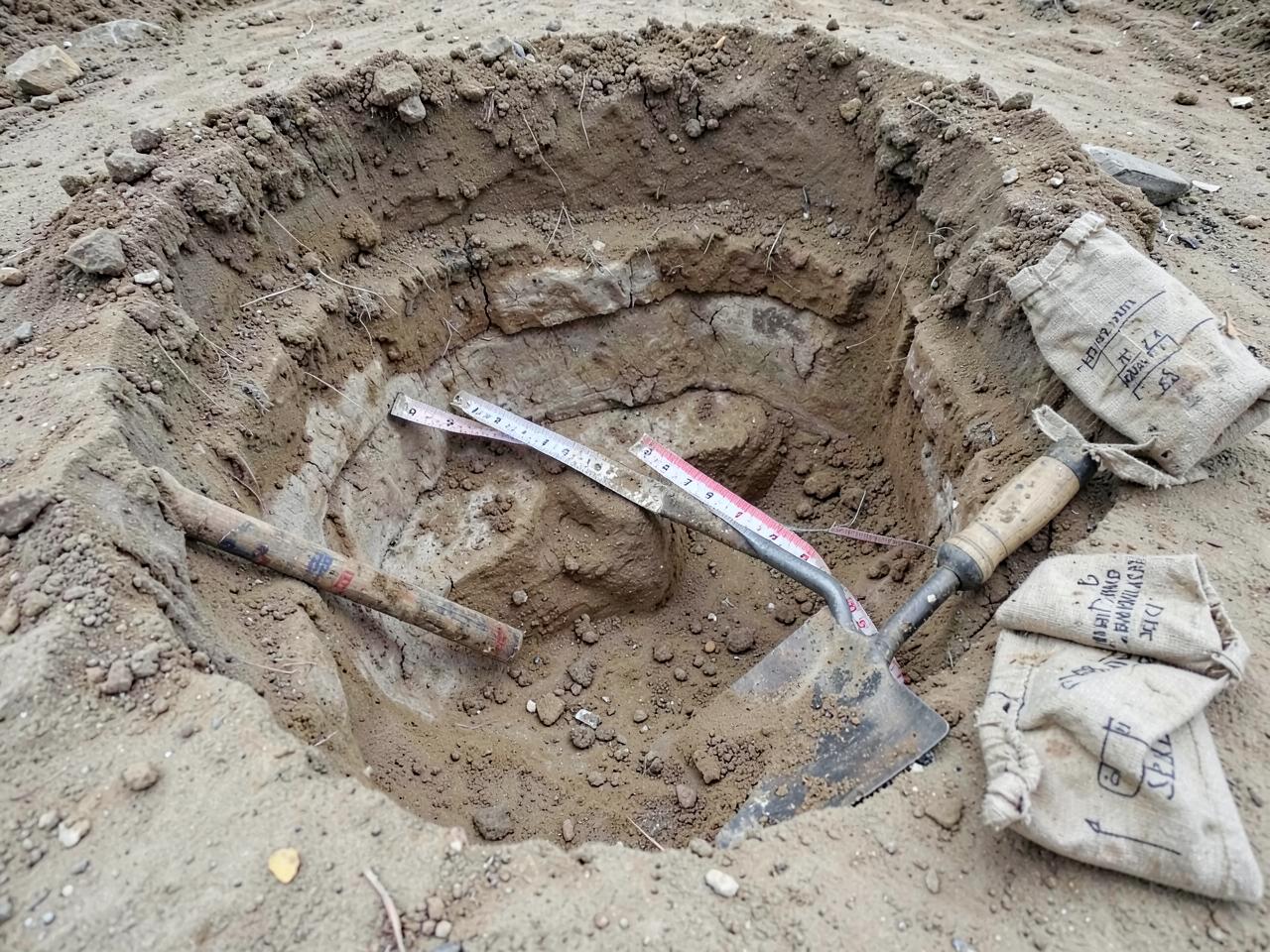 Grabungsschnitt mit sichtbaren Erdschichten, Maßband, Kelle und beschrifteten Fundtüten